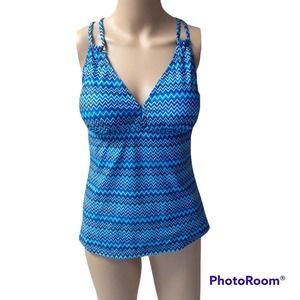 NWT Bikinx Women's Modest Tankini Top Size Medium, Blue and White Pattern